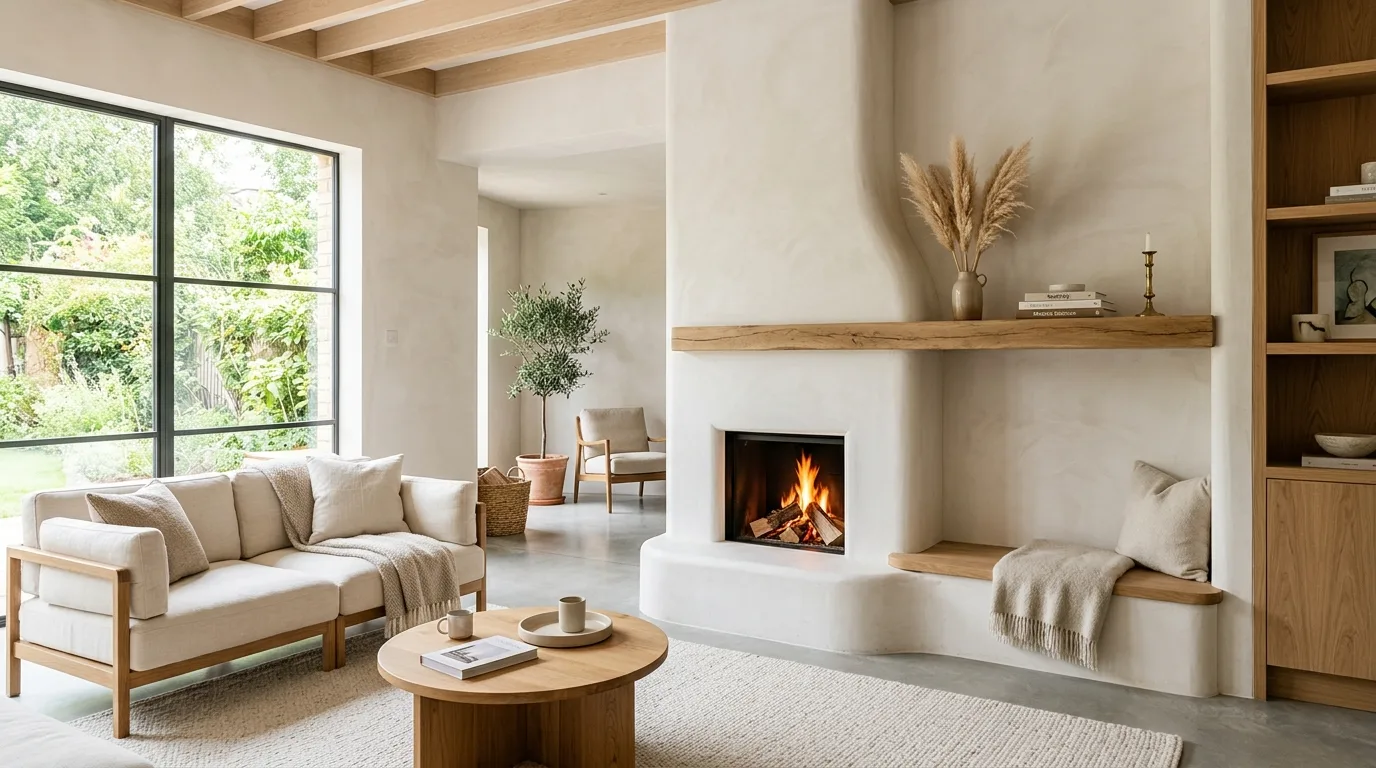 Smooth plaster fireplace creating a modern organic focal point.